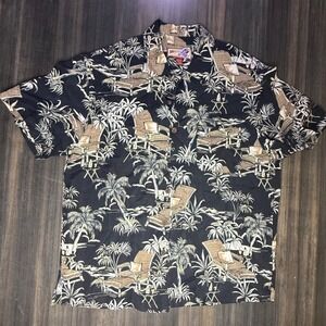 Caribbean Joe Mens‎ Large Linen Blend Island Print Vacation Hawaiian Shirt